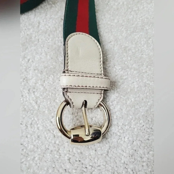 Gucci Green & Red Web Canvas Belt Leather Trim Gold Horsebit Buckle Unisex - Picture 3 of 13